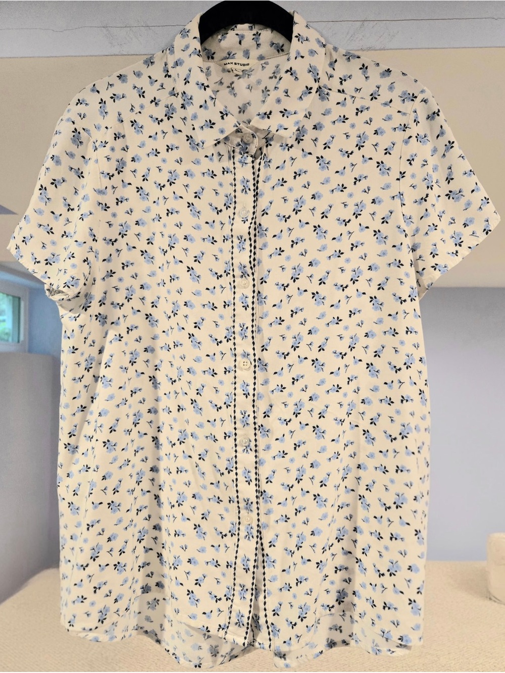 Max Studio Cream Short-Sleeve Button-Down with Blue Floral Print